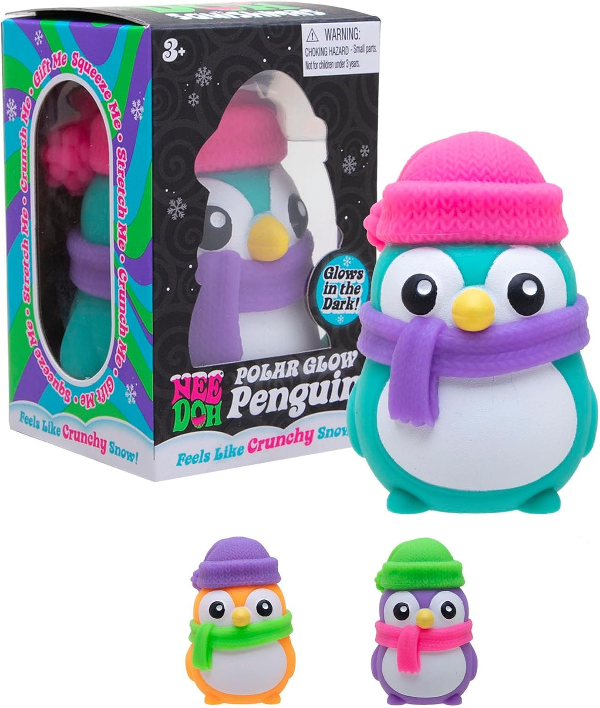 NeeDoh Polar Glow Penguin toy with packaging and additional penguins in different colors.