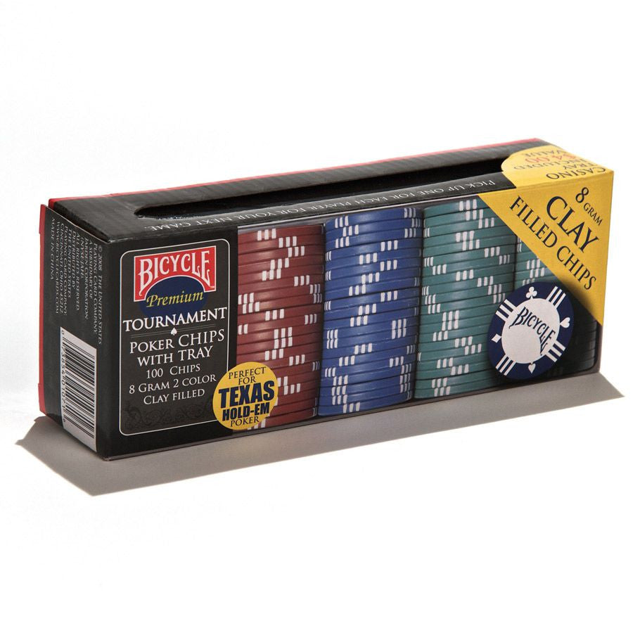 Bicycle 8 gram clay poker chips with tray, 100 count, in package