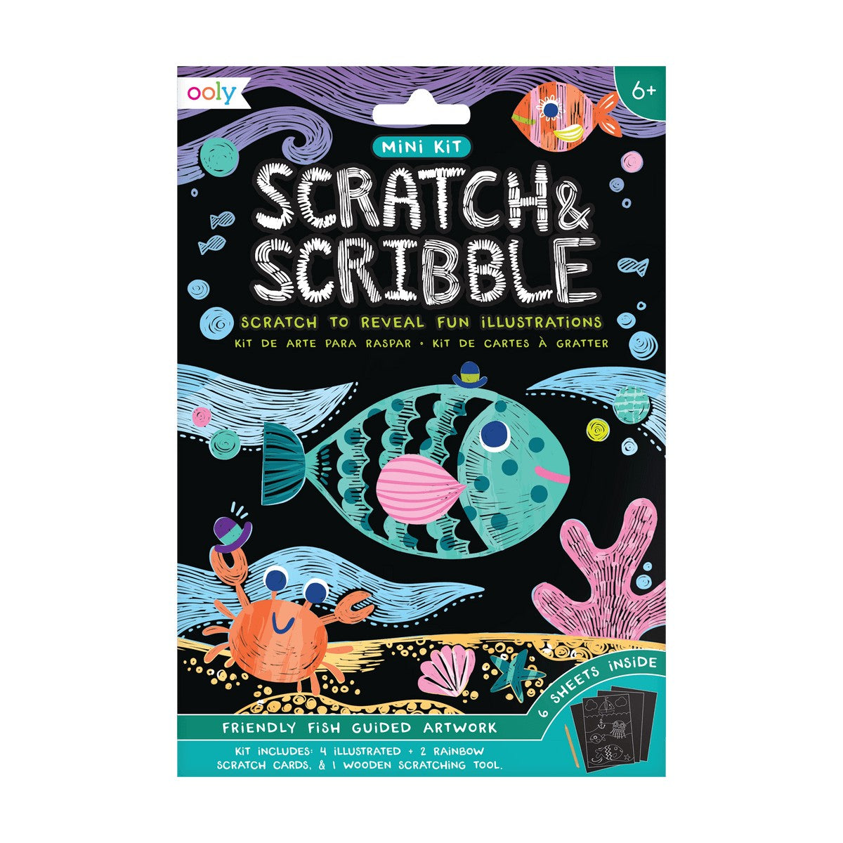 OOLY Scratch and Scribble Mini Scratch Art Kit - Friendly Fish - 8 Cards 1 Sticker Sheet - main product image
