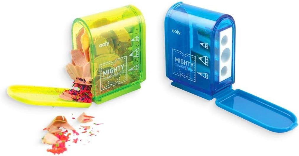OOLY Mighty Sharpener - open with pencil shavings in the reservoir