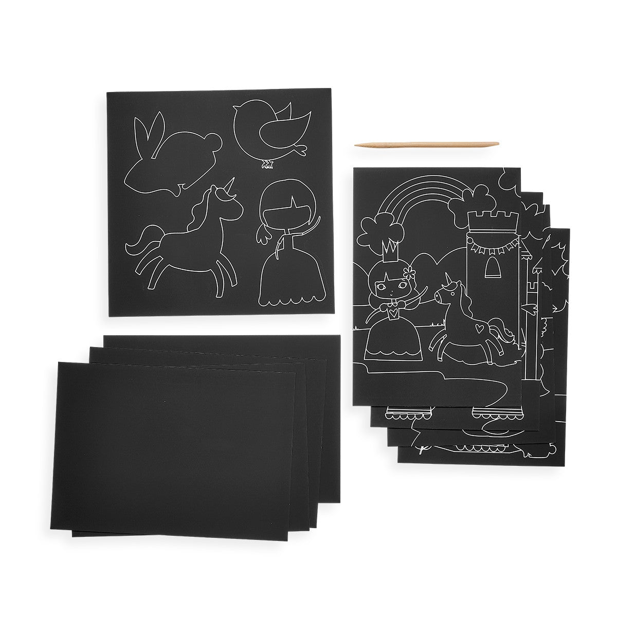 OOLY Scratch & Scribble: Princess Garden - kit contents: scratch cards and wooden stylus
