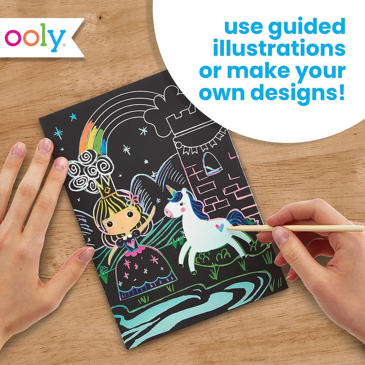 OOLY Scratch & Scribble: Princess Garden - scratching a princess card with the wooden stylus