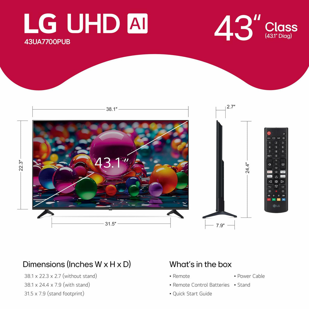 LG 43UA7700P 43 inch Class UA77 Series LED AI 4K Smart webOS TV (2025)