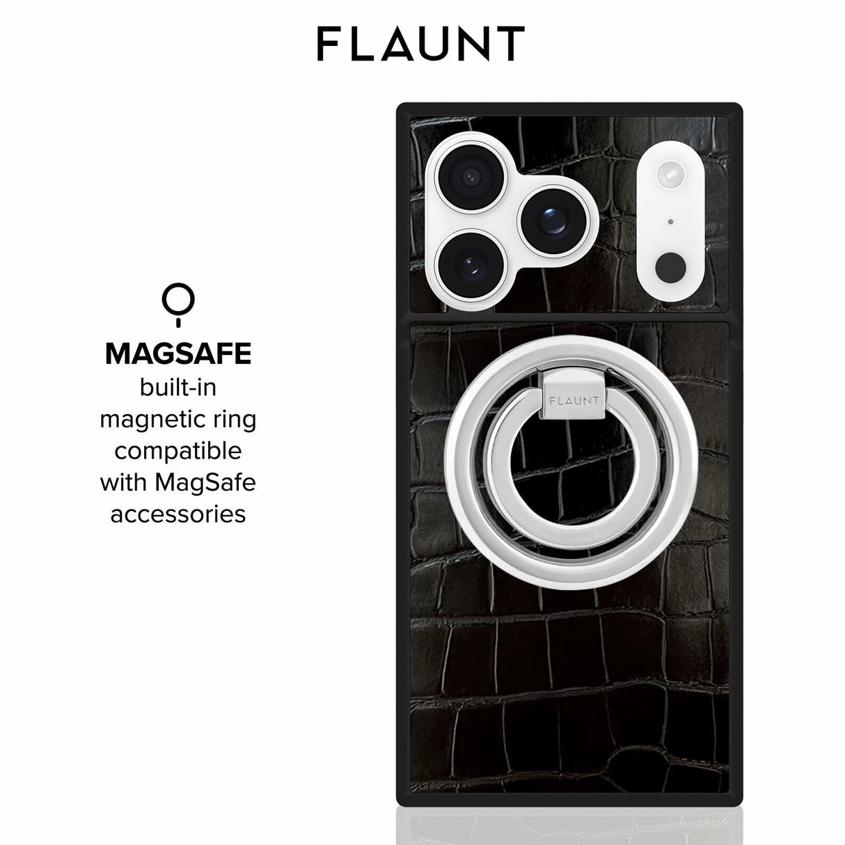 Flaunt Official Square Protective Case - Compatible with iPhone 17 Pro Max - Compatible with MagSafe & Wireless Charging - Drop-Tested & Shockproof - (Black Crocodile)