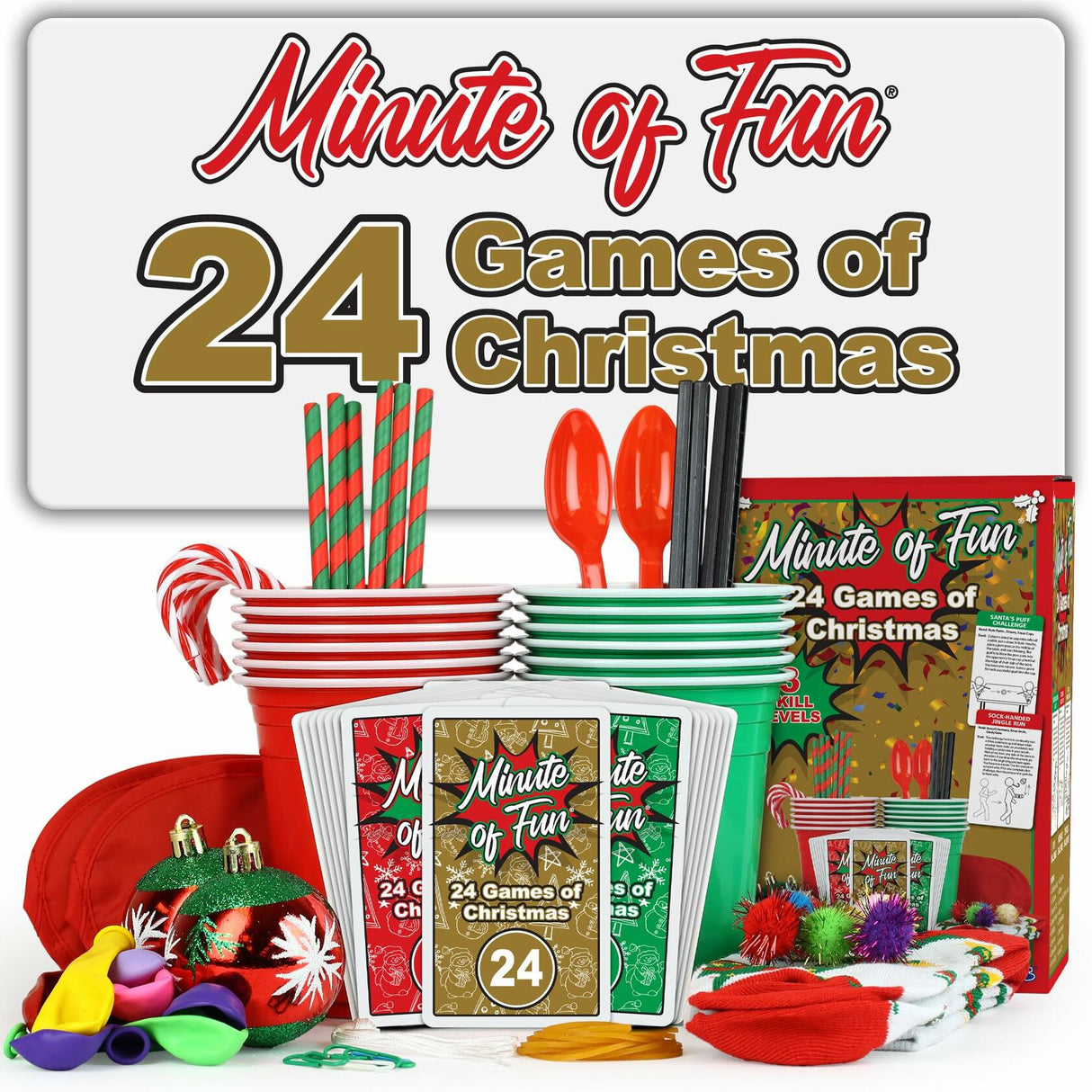 Funwares 24 Days of Christmas Games - Complete Advent Calendar, Christmas-Themed Minute to Win It Challenges for Kids, Teens & Families, 2-12 Players, Ready to Play Right Out of the Box!
