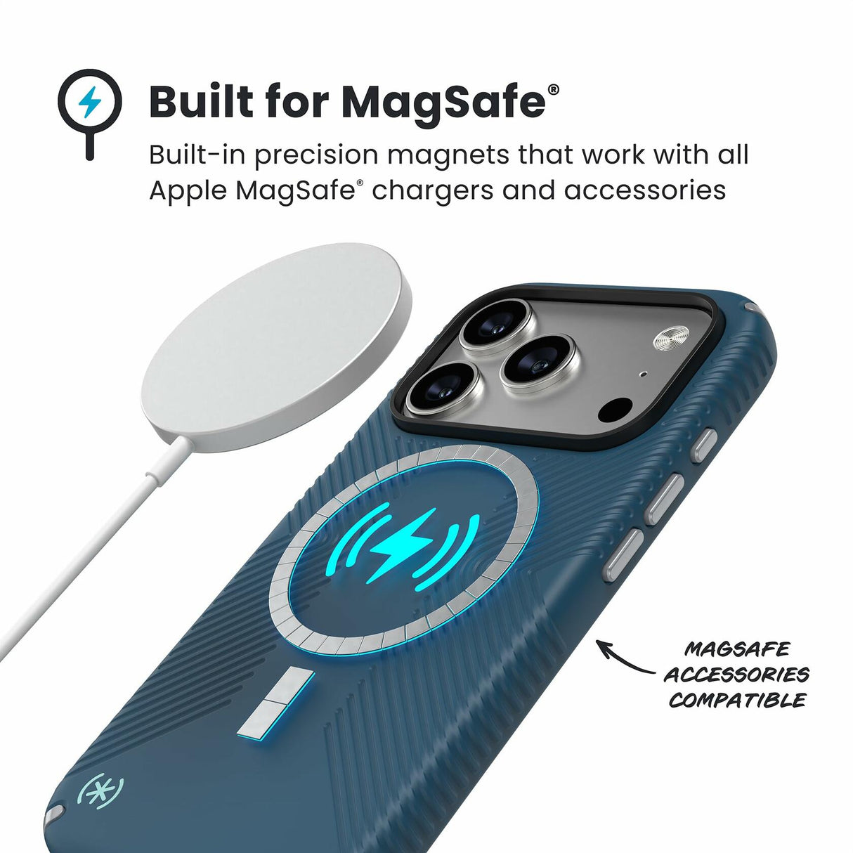 Speck PRESIDIO2 Grip for iPhone 17 Pro Case, MagSafe-Compatible, Slim Protective Case, DEEP SEA/Silver Metallic/Spell Blue