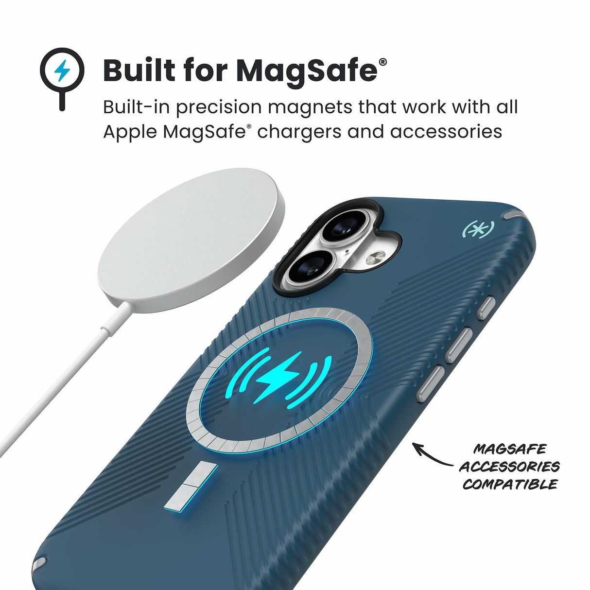 Speck PRESIDIO2 Grip for iPhone 17 Case, MagSafe-Compatible, Slim Protective Case, DEEP SEA/Silver Metallic/Spell Blue