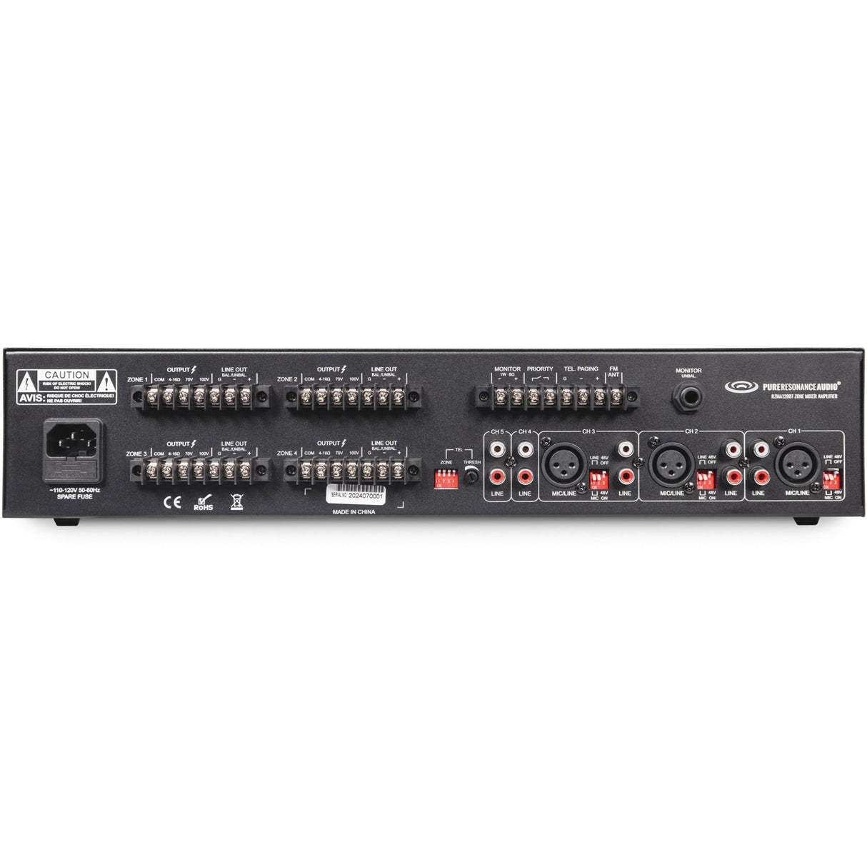 Like New Pure Resonance Audio RZMA120BT 4 Zone Commercial Mixer Amplifier with Bluetooth 4 x 120W at 4-16 Ohms or 70V/100V