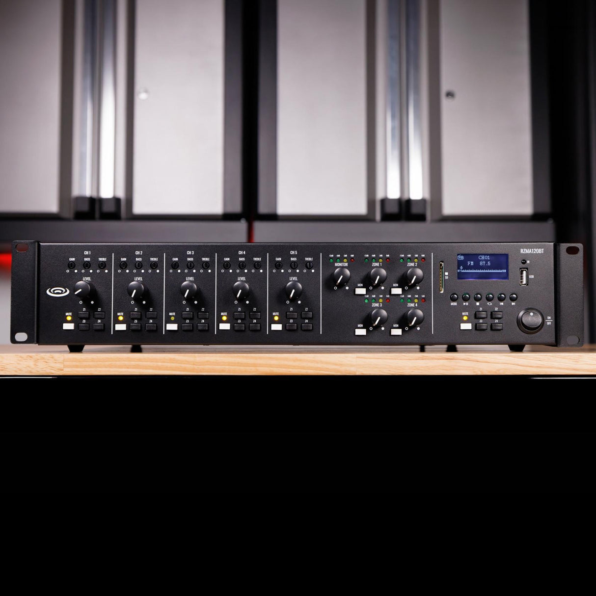 Like New Pure Resonance Audio RZMA120BT 4 Zone Commercial Mixer Amplifier with Bluetooth 4 x 120W at 4-16 Ohms or 70V/100V