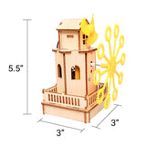 Wooden model of a lighthouse with a yellow windmill, showing dimensions on a white background.