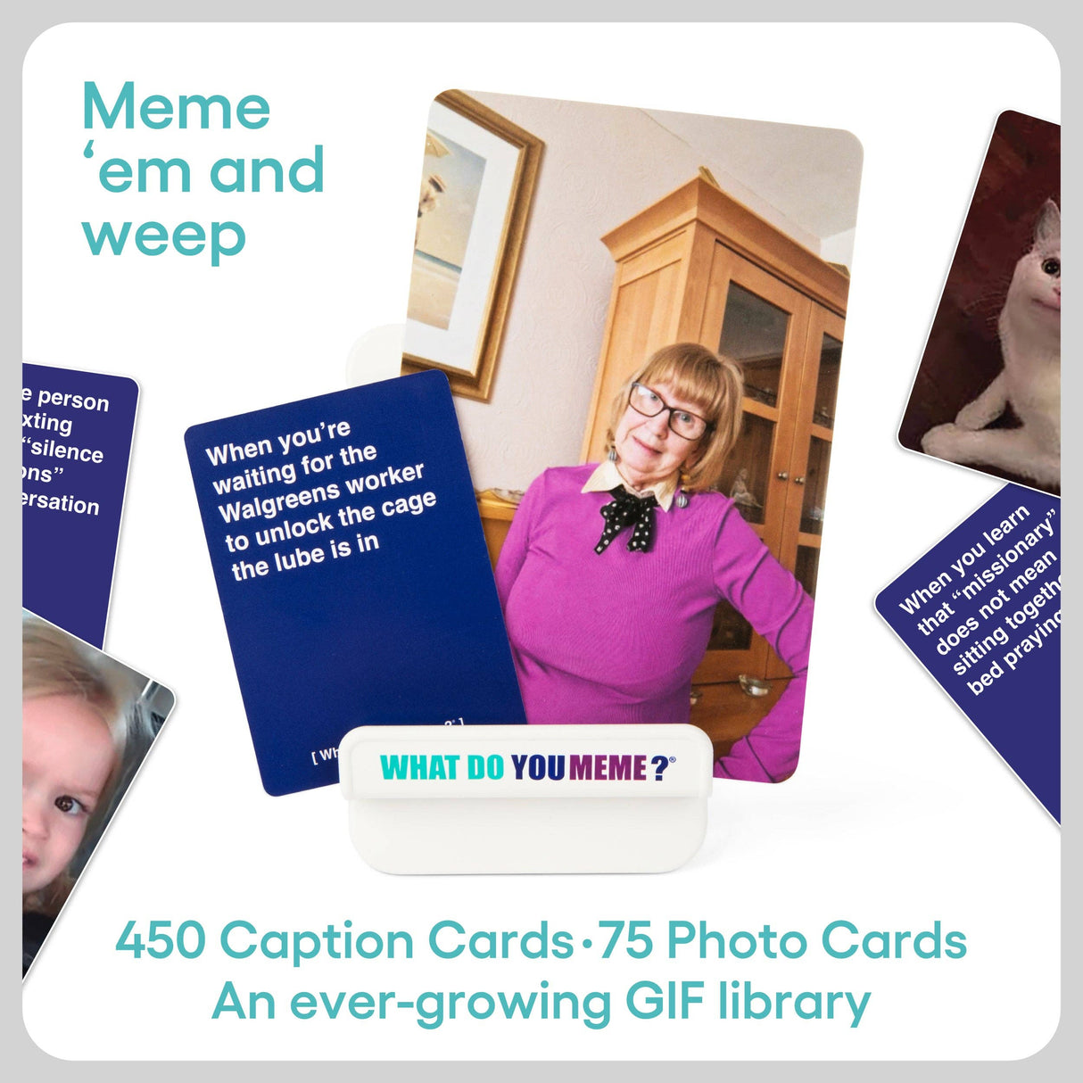 Promotional image for 'What Do You Meme?' game with cards and a woman in a purple sweater.