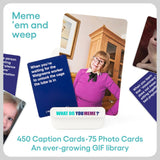 Promotional image for 'What Do You Meme?' game with cards and a woman in a purple sweater.