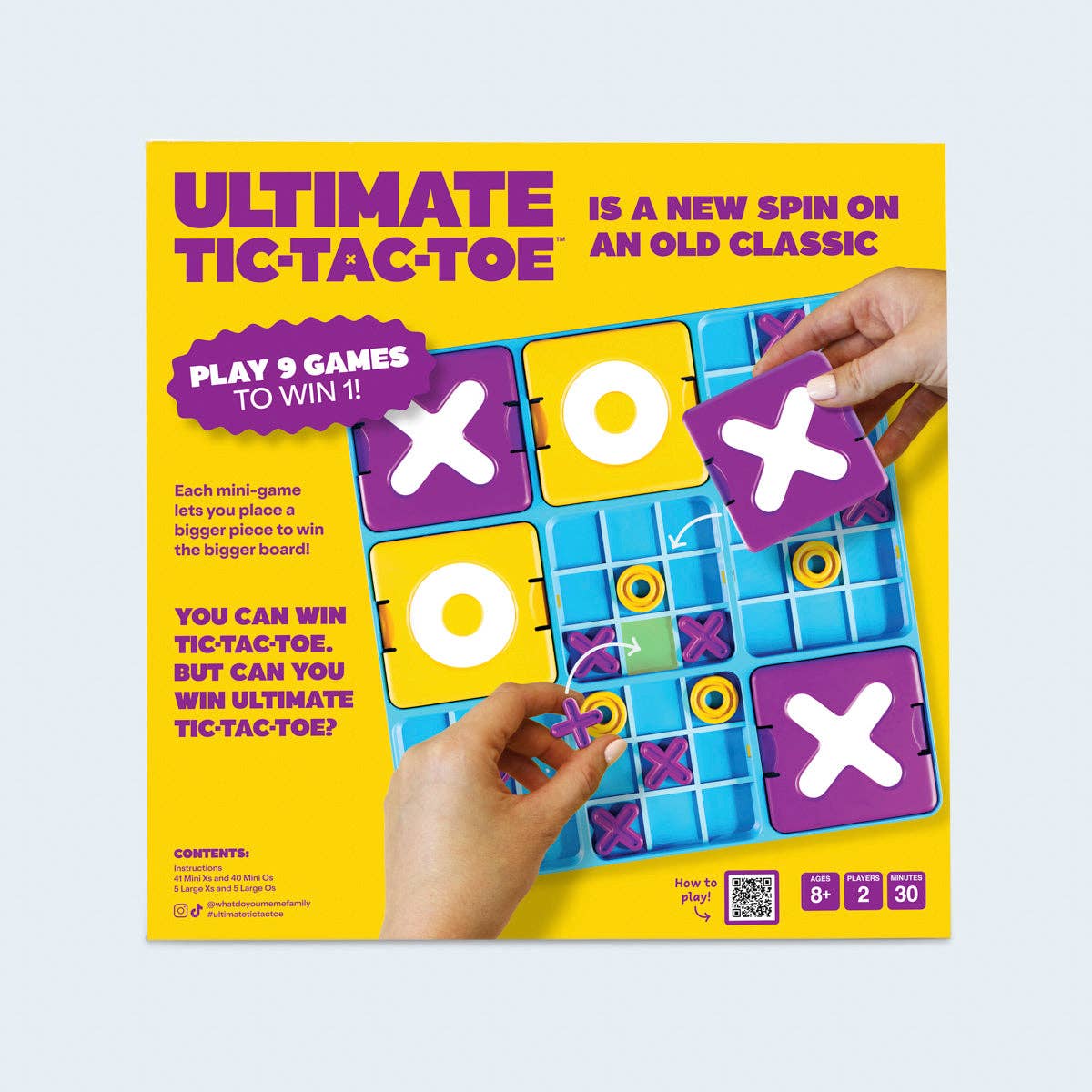 Box of 'Ultimate Tic-Tac-Toe' game with colorful tiles and text on a yellow background
