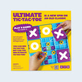 Box of 'Ultimate Tic-Tac-Toe' game with colorful tiles and text on a yellow background