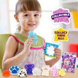Child holding a toy with 'Maximum Collectible Squish' branding and collectible toys displayed.