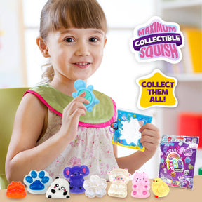 Child holding a toy with 'Maximum Collectible Squish' branding and collectible toys displayed.