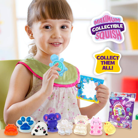 Child holding a toy with 'Maximum Collectible Squish' branding and collectible toys displayed.