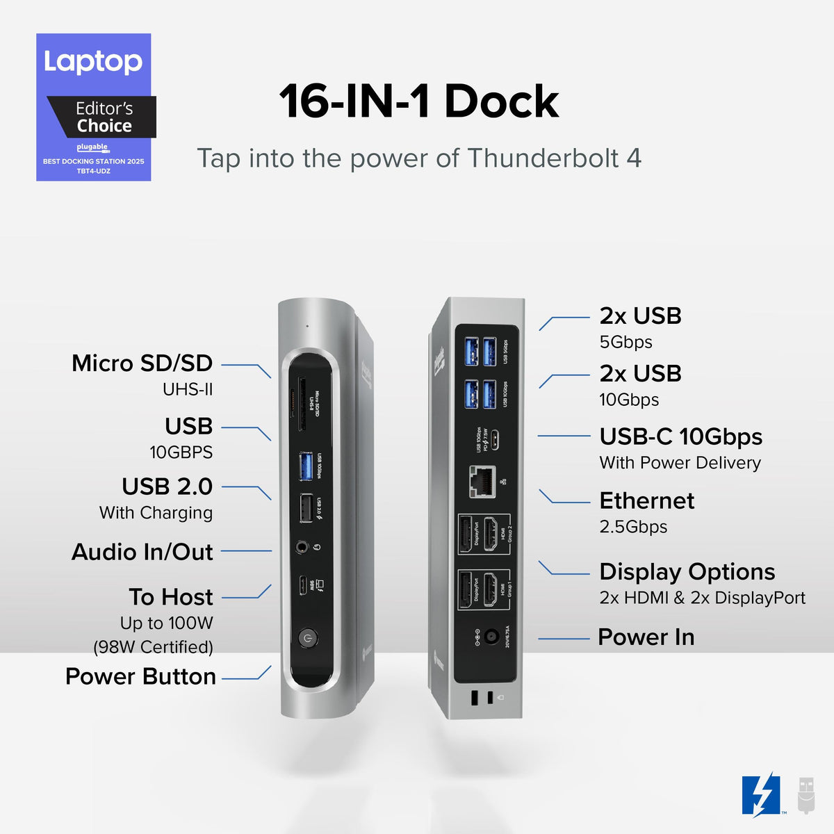 Plugable TBT4-UDZ Thunderbolt 4 16-in-1 docking station, front ports