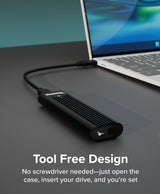 Plugable USBC-NVME tool-free M.2 NVMe SSD enclosure, angled view