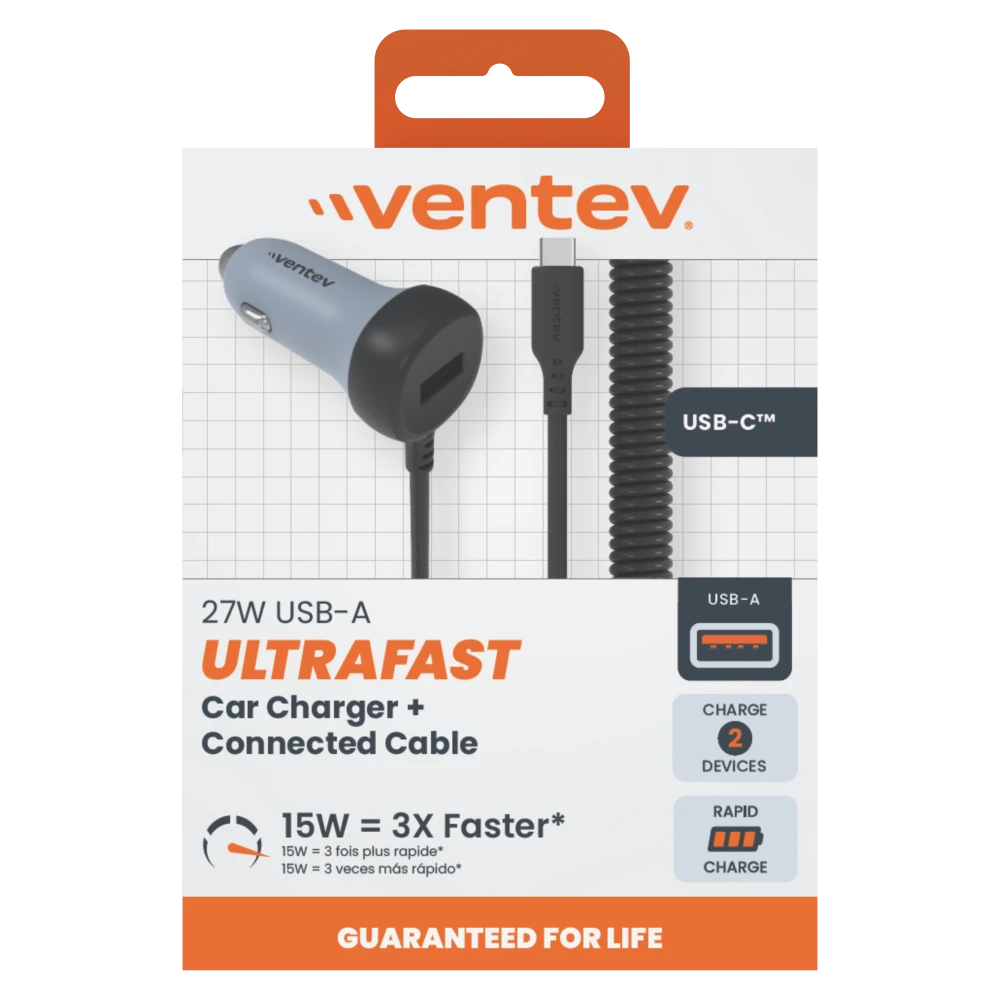 Ventev - 27W ULTRAFAST Car Charger and USB-C Connected Cable - Dark Gray
