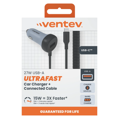 Ventev - 27W ULTRAFAST Car Charger and USB-C Connected Cable - Dark Gray