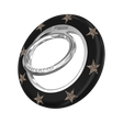 A black ring holder with a silver metal core and gold star accents, featuring the brand name 'VELVET CAVIAR' engraved on the silver band, set against a plain white background.