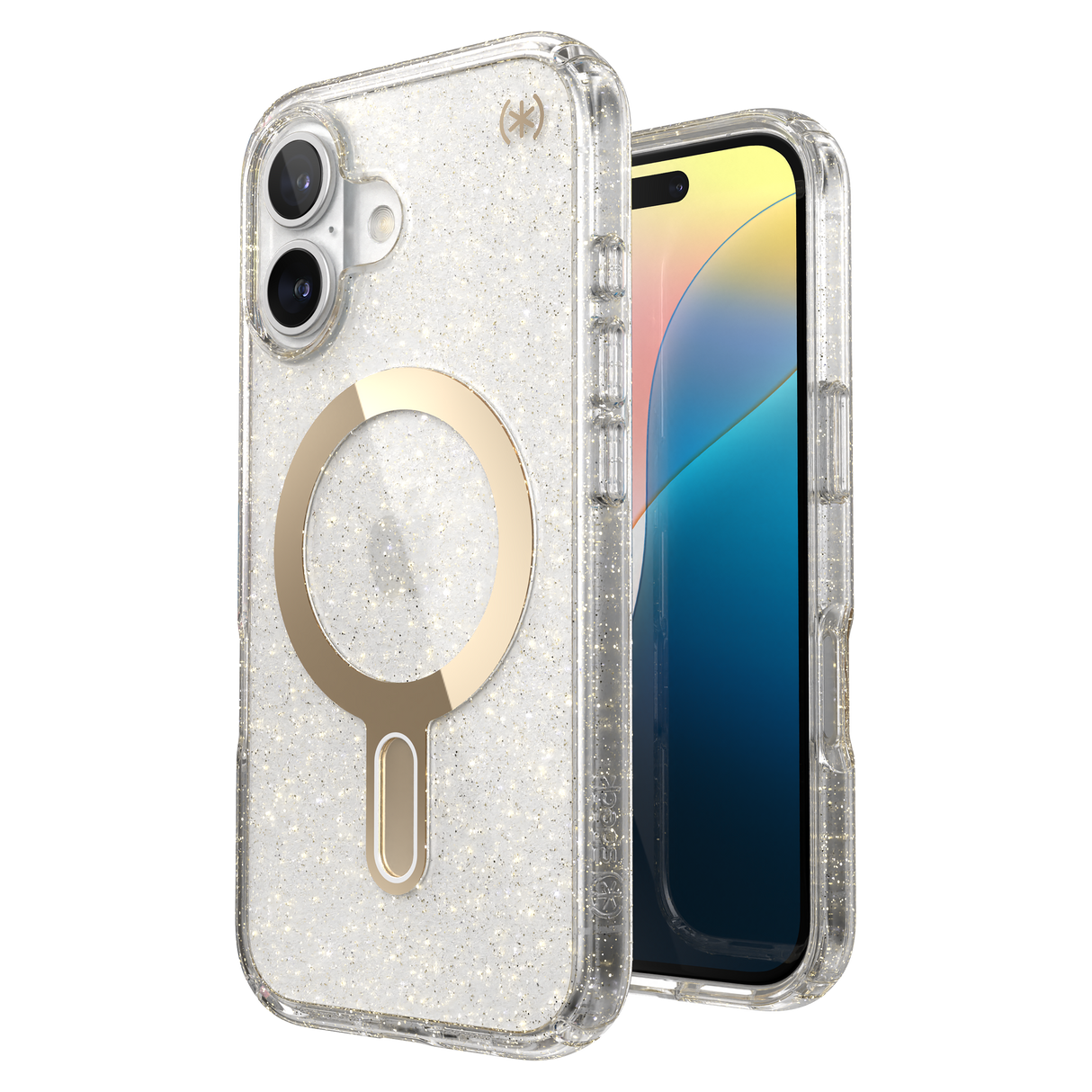 Speck - Presidio Lux Case With Clicklock For Apple Iphone 16 - Gold Glitter And Clear