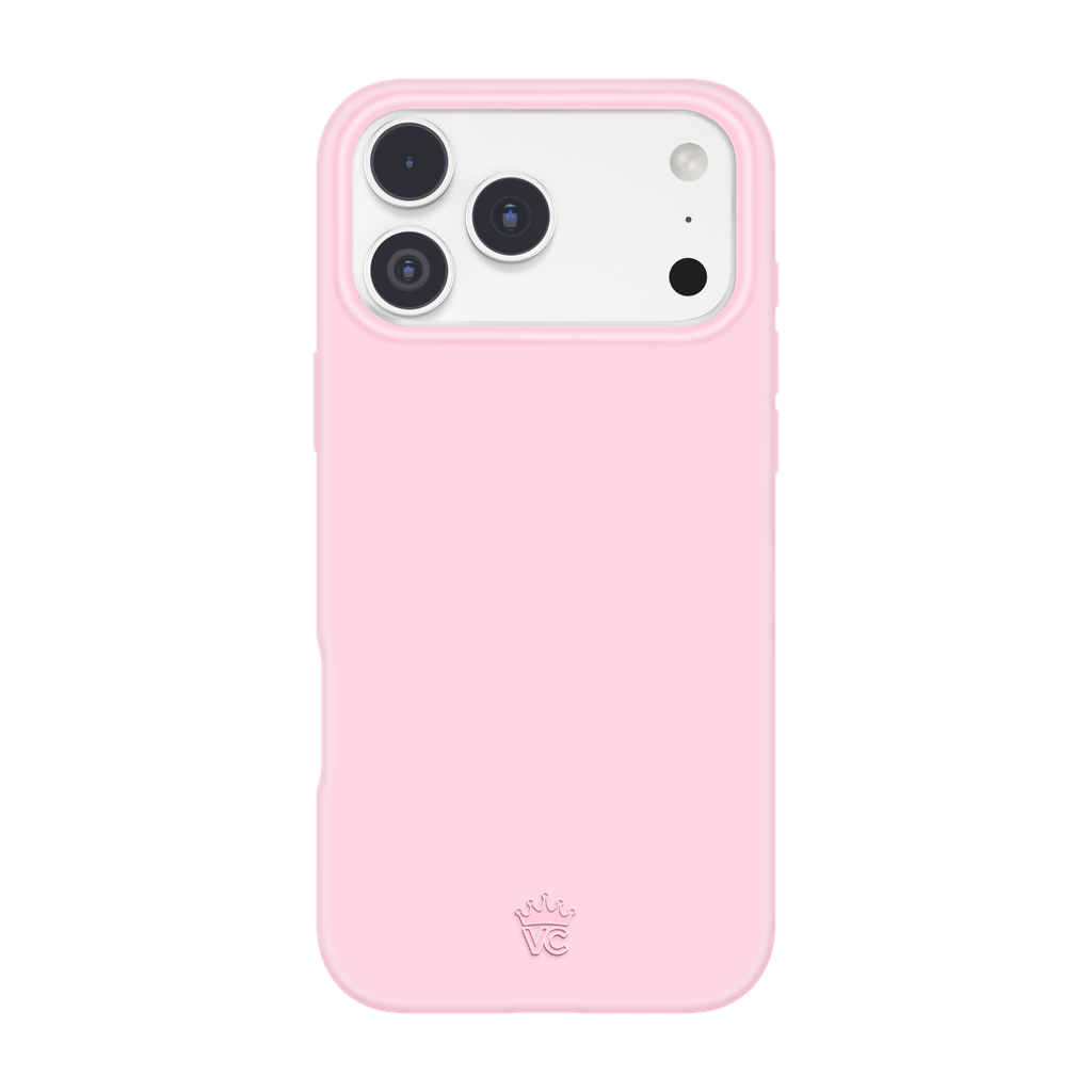 A light pink phone case with a raised camera bumper, shown on a white smartphone against a solid white background. A small crown logo with the letters 'VC' is embossed near the bottom.