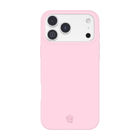 A light pink phone case with a raised camera bumper, shown on a white smartphone against a solid white background. A small crown logo with the letters 'VC' is embossed near the bottom.