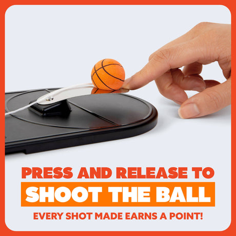 Hand pressing a button on a device with a small basketball attached, against a white background.