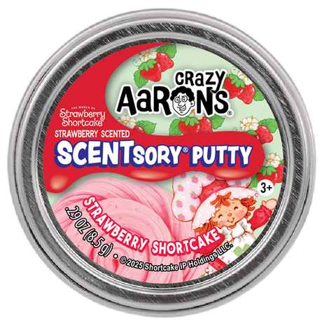 Crazy Aaron's Scentsory Putty container with Strawberry Shortcake theme on a white background