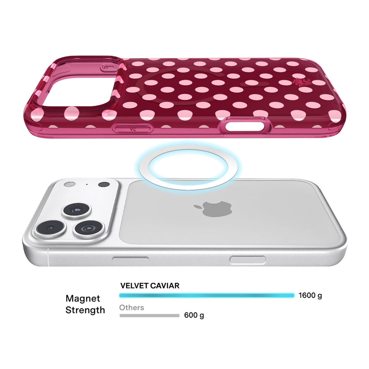 VELVET CAVIAR MagSafe Case for Apple iPhone 18 Pro Max / 17 Pro Max, Raspberry Polka Dot, detail view