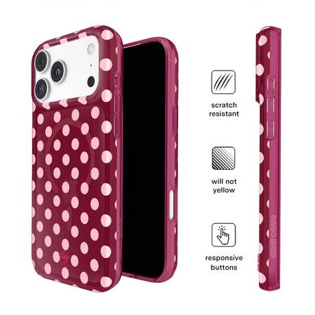 VELVET CAVIAR MagSafe Case for Apple iPhone 18 Pro Max / 17 Pro Max, Raspberry Polka Dot, lifestyle view