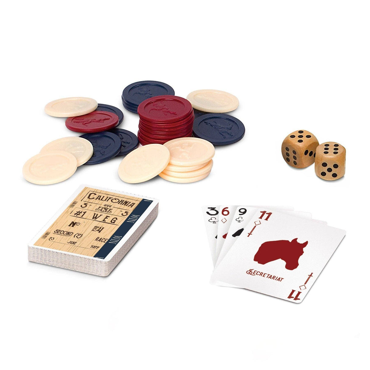 Card game components including cards, chips, and dice on a white background