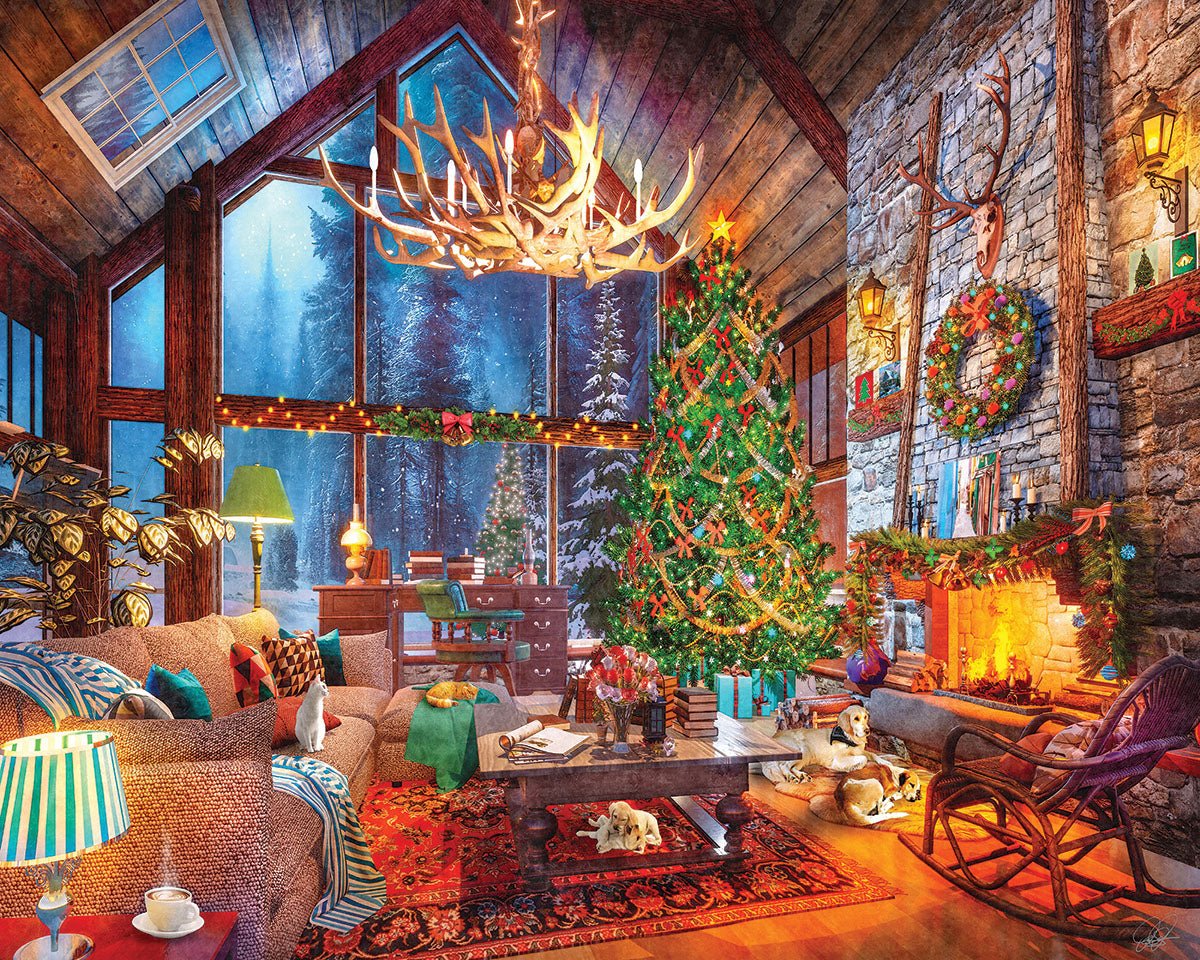 Christmas At The Cabin 1000 piece jigsaw puzzle by White Mountain Puzzles, completed puzzle image