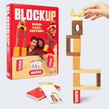 Blockup game set with wooden blocks and cards on a white background