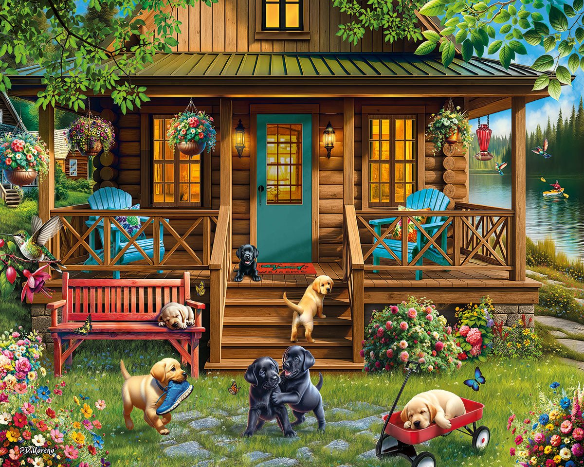 Porch Puppies 1000 piece jigsaw puzzle by White Mountain Puzzles, completed puzzle image