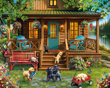 Porch Puppies 1000 piece jigsaw puzzle by White Mountain Puzzles, completed puzzle image