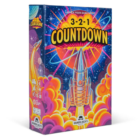 Board game box titled '3-2-1 Countdown' with a rocket ship design on a colorful background.