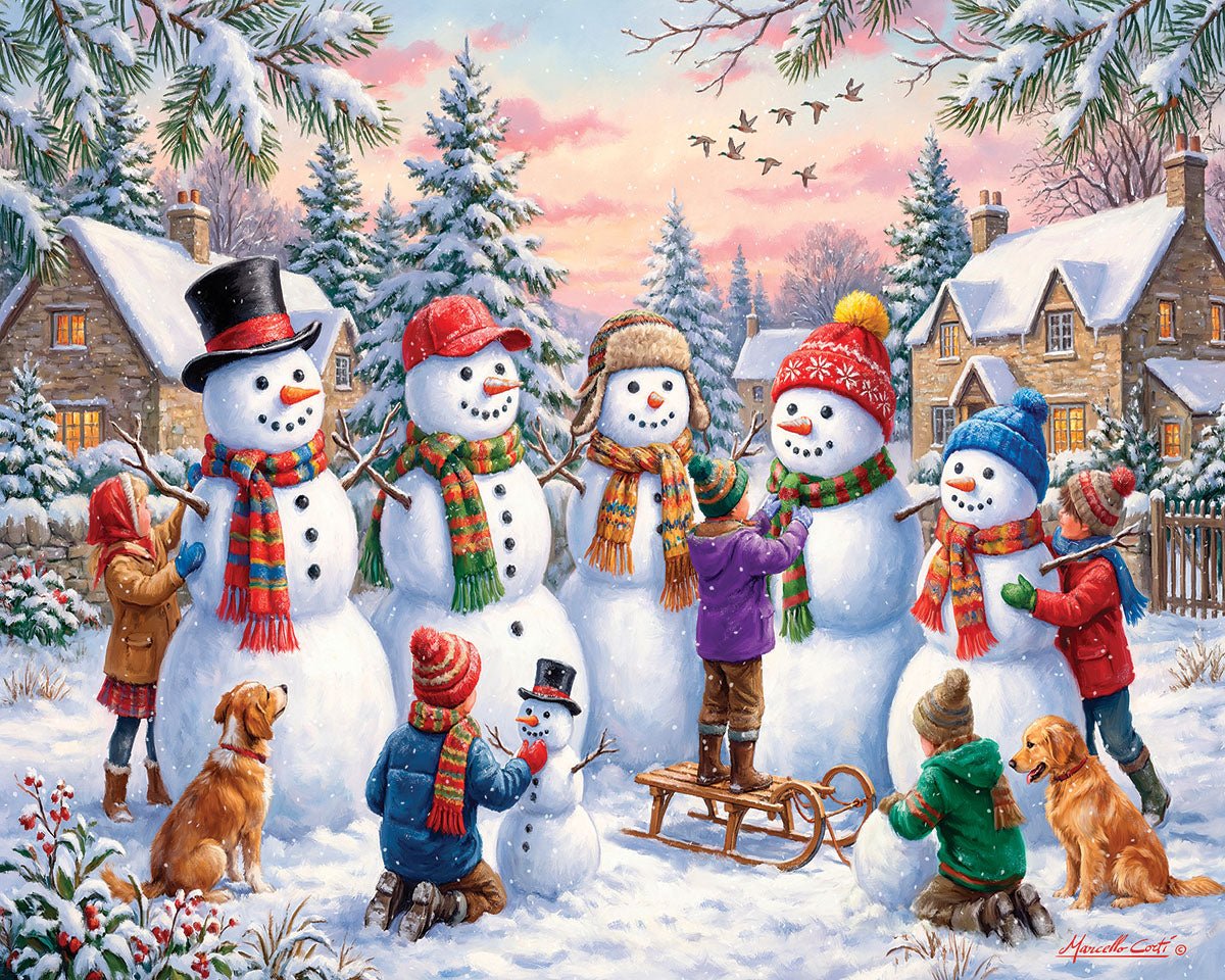 Building Snowmen 500 piece jigsaw puzzle by White Mountain Puzzles, completed puzzle image