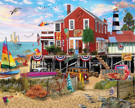 Lobster Wharf 500 piece jigsaw puzzle by White Mountain Puzzles, completed puzzle image