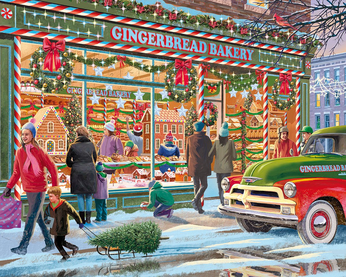Gingerbread Bakery 500 piece jigsaw puzzle by White Mountain Puzzles, completed puzzle image