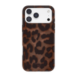 A phone case with a brown and black leopard print pattern, shown on a white iPhone against a solid white background.
