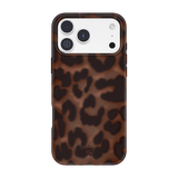 A phone case with a brown and black leopard print pattern, shown on a white iPhone against a solid white background.