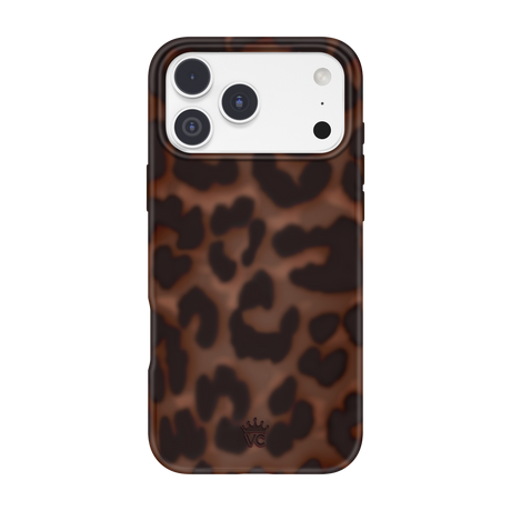 A phone case with a brown and black leopard print pattern, shown on a white iPhone against a solid white background.