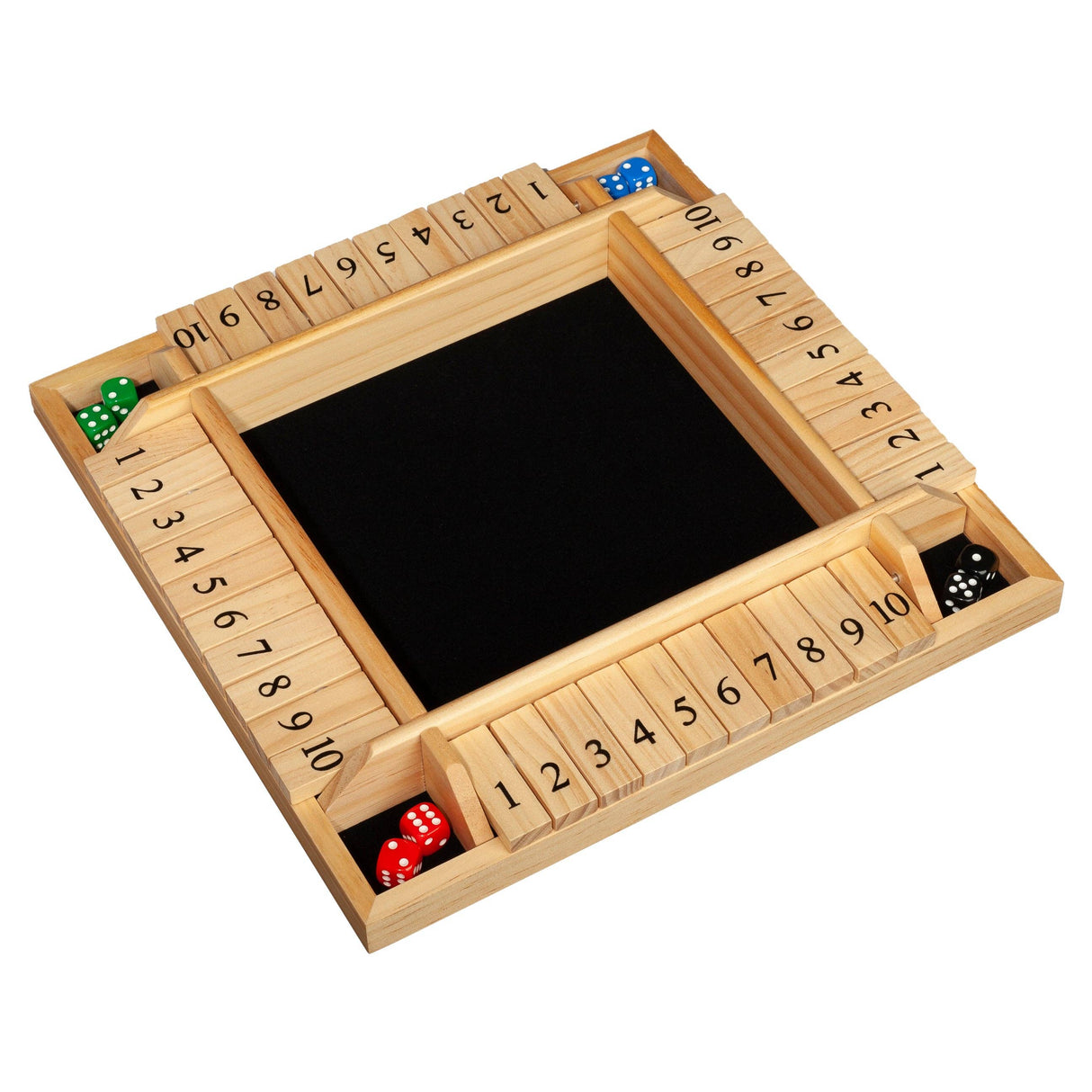 Wooden dice tray with compartments for dice on a white background