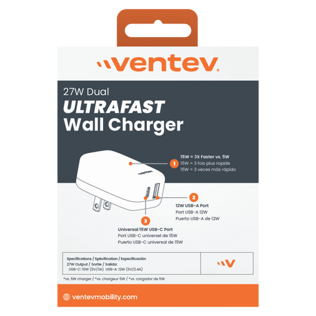 Ventev - 27W ULTRAFAST USB C and USB A Universal Wall Charger - Gray