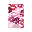 A slim card holder wallet featuring a pink and red lip print pattern, with a built-in pink card slot at the bottom, shown on a plain white background.
