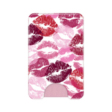 A slim card holder wallet featuring a pink and red lip print pattern, with a built-in pink card slot at the bottom, shown on a plain white background.