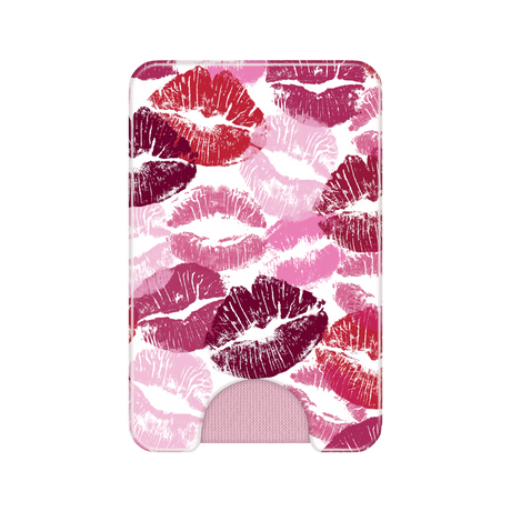 A slim card holder wallet featuring a pink and red lip print pattern, with a built-in pink card slot at the bottom, shown on a plain white background.